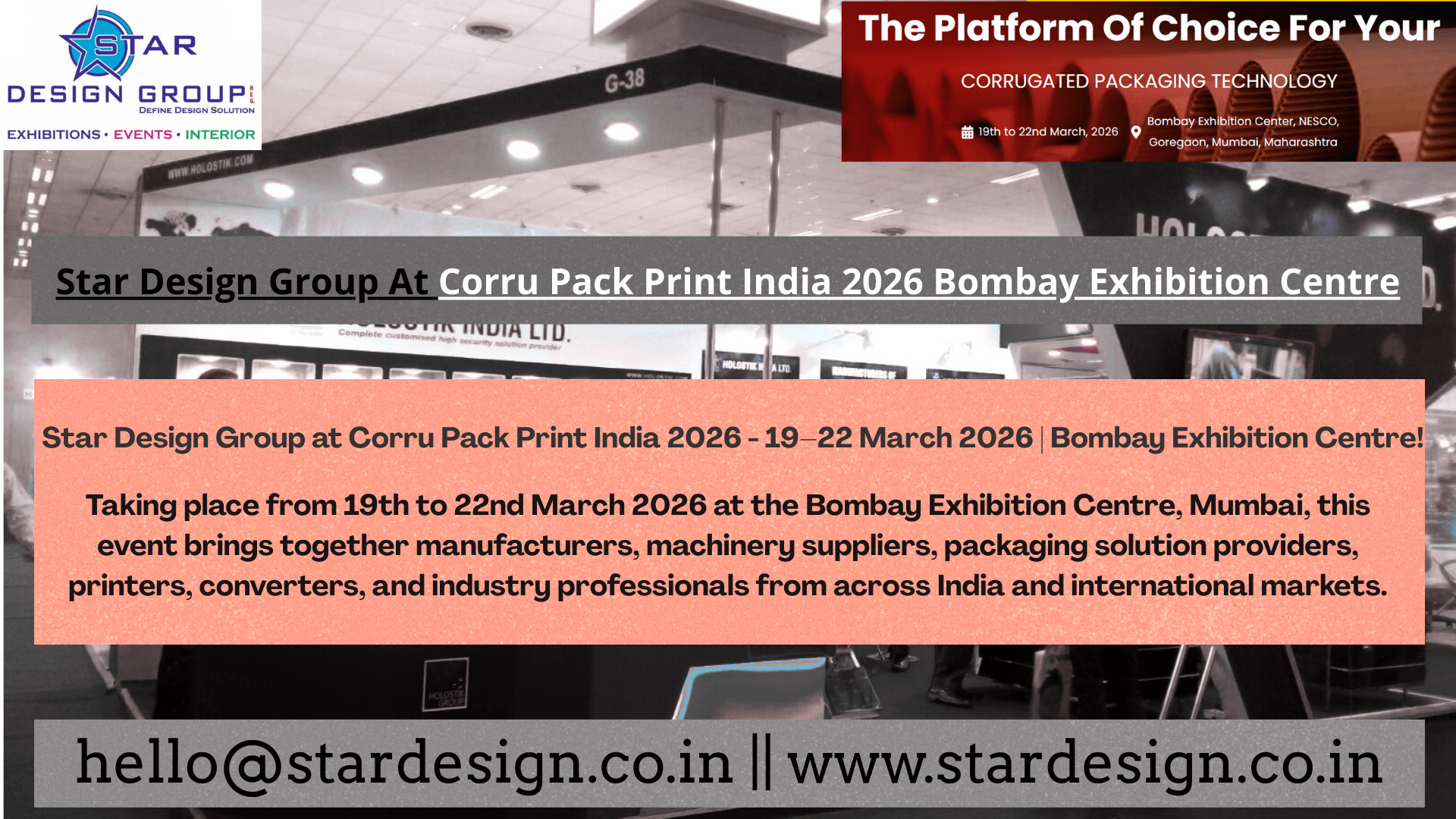 Packaging exhibition Mumbai 2026 Printing exhibition India 2026 Exhibition stand design for Corru Pack Print Packaging expo booth builder Mumbai